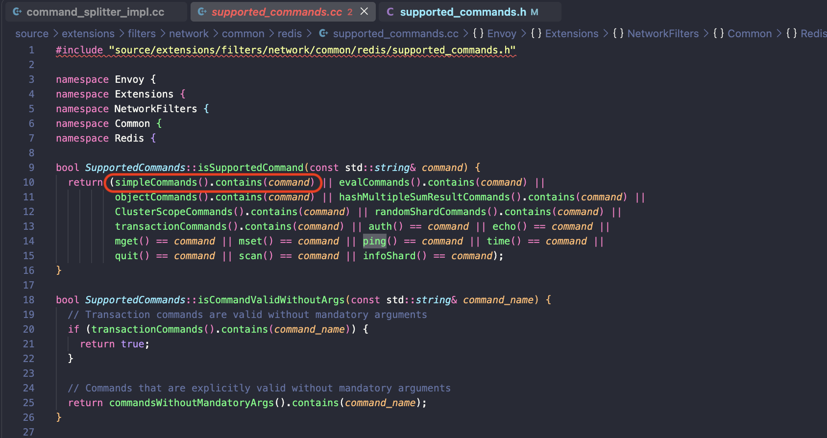 command_splitter_impl.cc — simpleCommands()를 순회하며 핸들러를 자동 등록하는 루프