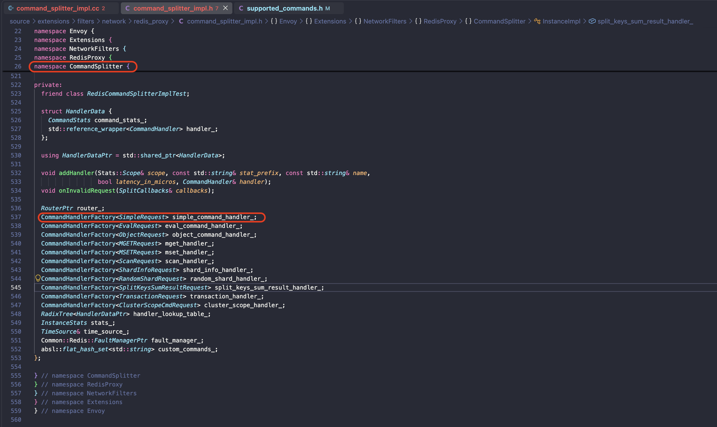command_splitter_impl.cc — simpleCommands()를 순회하며 핸들러를 자동 등록하는 루프