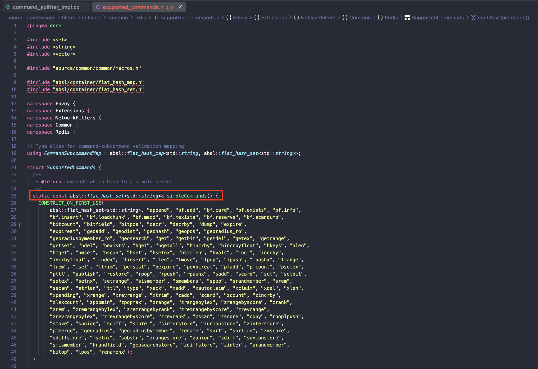 command_splitter_impl.cc — simpleCommands()를 순회하며 핸들러를 자동 등록하는 루프