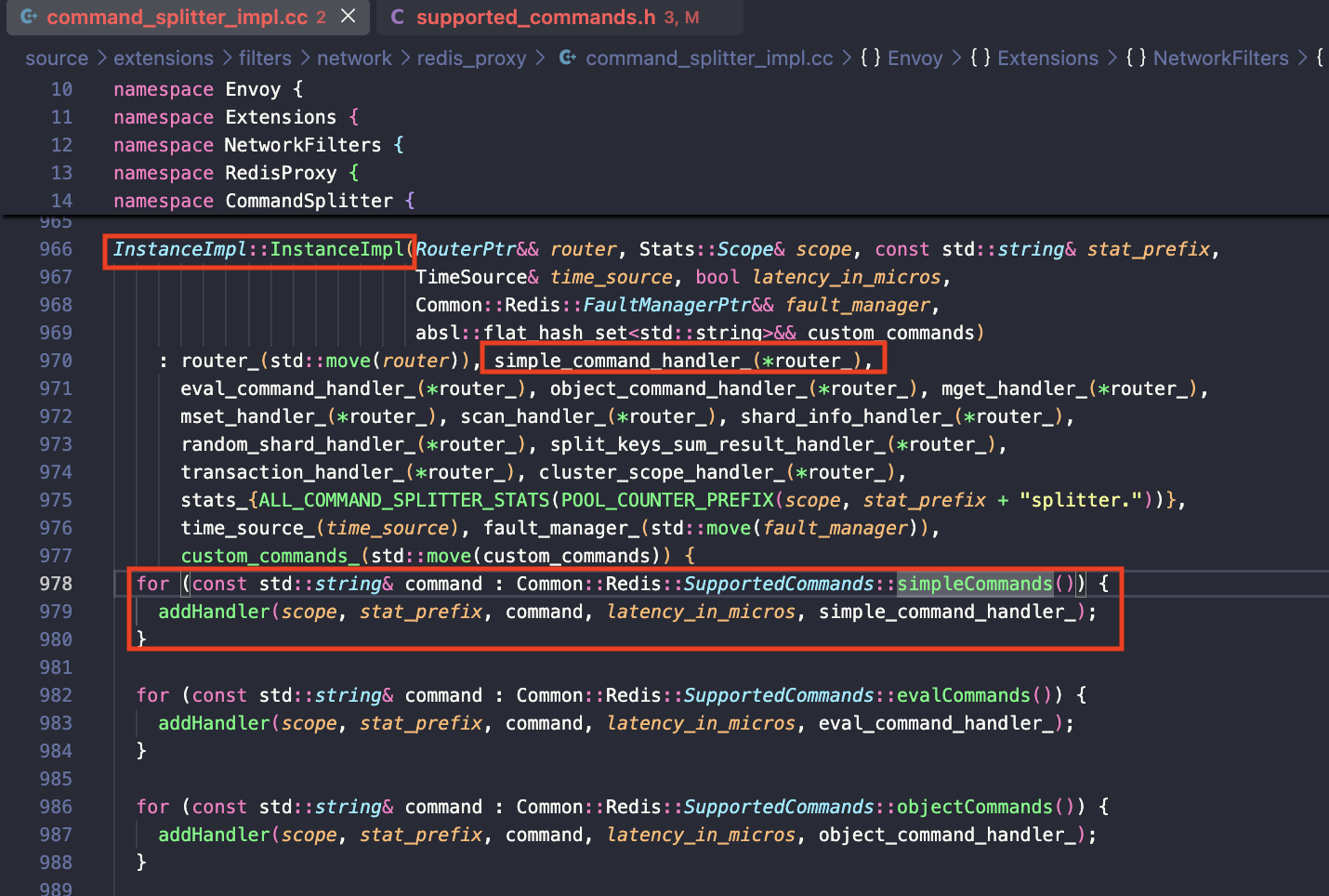 command_splitter_impl.cc — simpleCommands()를 순회하며 핸들러를 자동 등록하는 루프